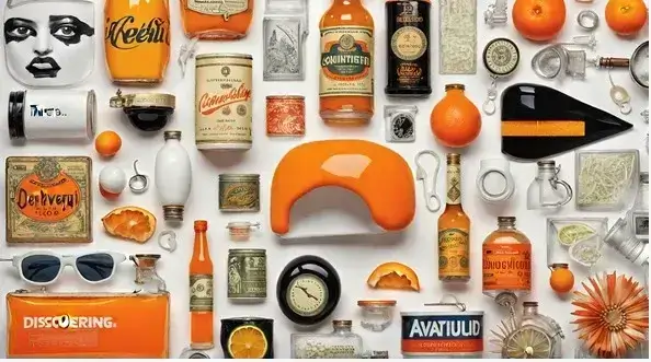 Vintage orange-themed objects arranged on white background
