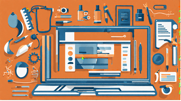 Laptop with design tools on orange background